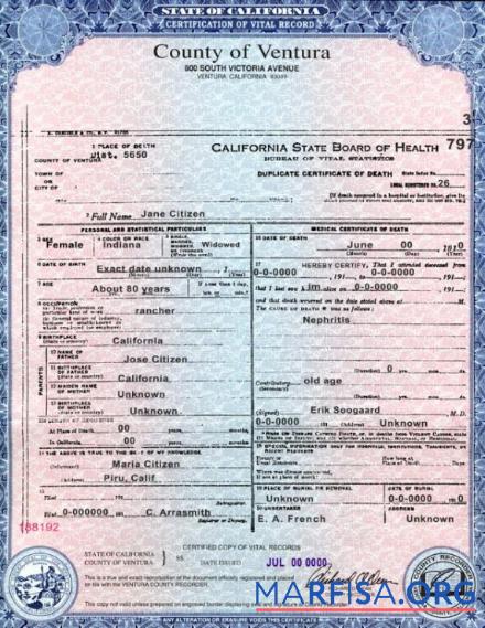 Downloadable USA state California County of Ventura death certificate template in PSD format